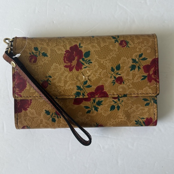 PATRICIA NASH Leather Marsiliana Mirror Wristlet Wallet Western Lace Print Tan